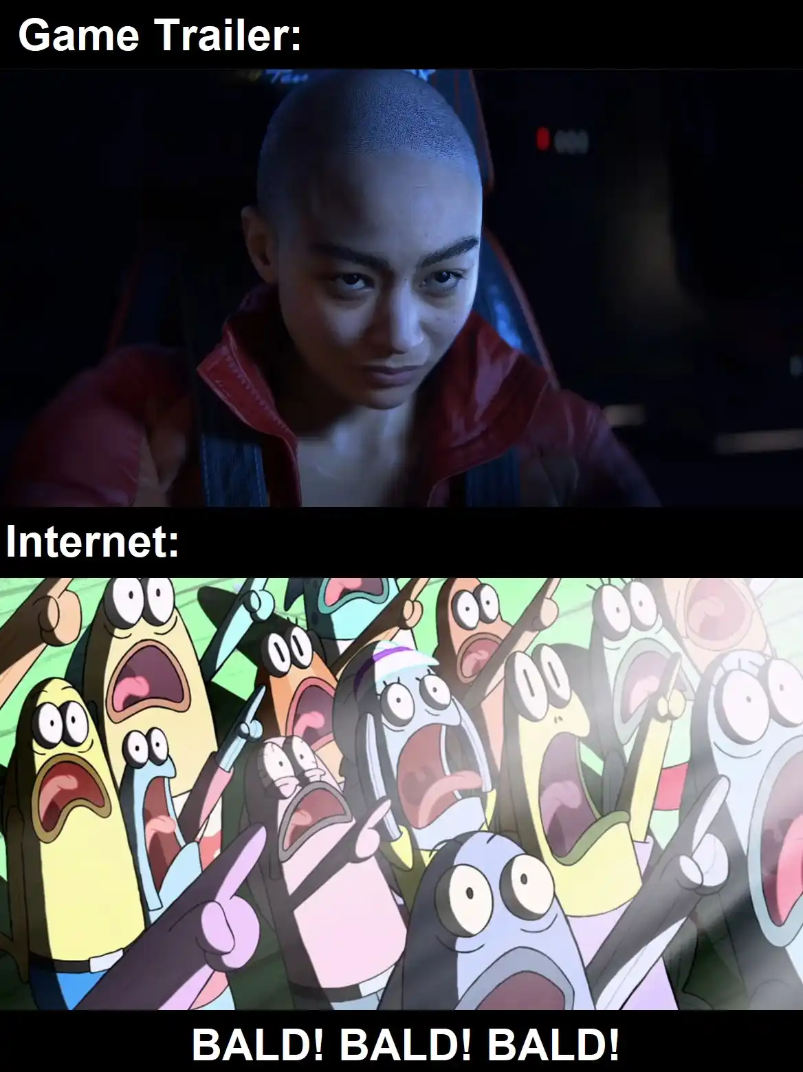 The meme features two panels: the top shows a bald woman in a red jacket from a game trailer, labeled 'Game Trailer:', and…
