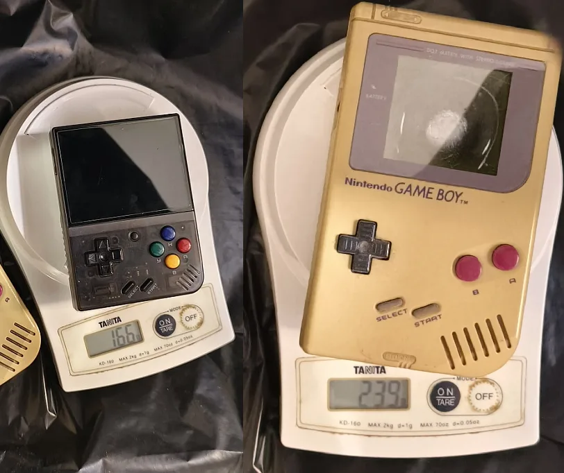 Two side-by-side photos show a black Game Boy and a yellow Game Boy on a digital kitchen scale. The black Game Boy weighs…