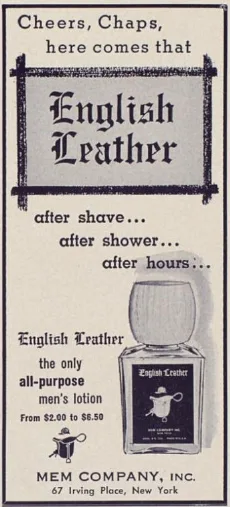 A vintage black-and-white print advertisement for 'English Leather' men's lotion, featuring a bottle with a genie lamp logo…