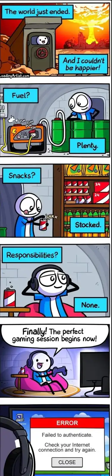 A five-panel comic shows a stick figure character in a bunker celebrating the end of the world. They check for fuel, snacks…