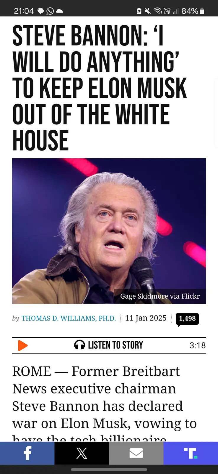 The image shows a screenshot of a news article featuring a photo of Steve Bannon speaking into a microphone. The headline…