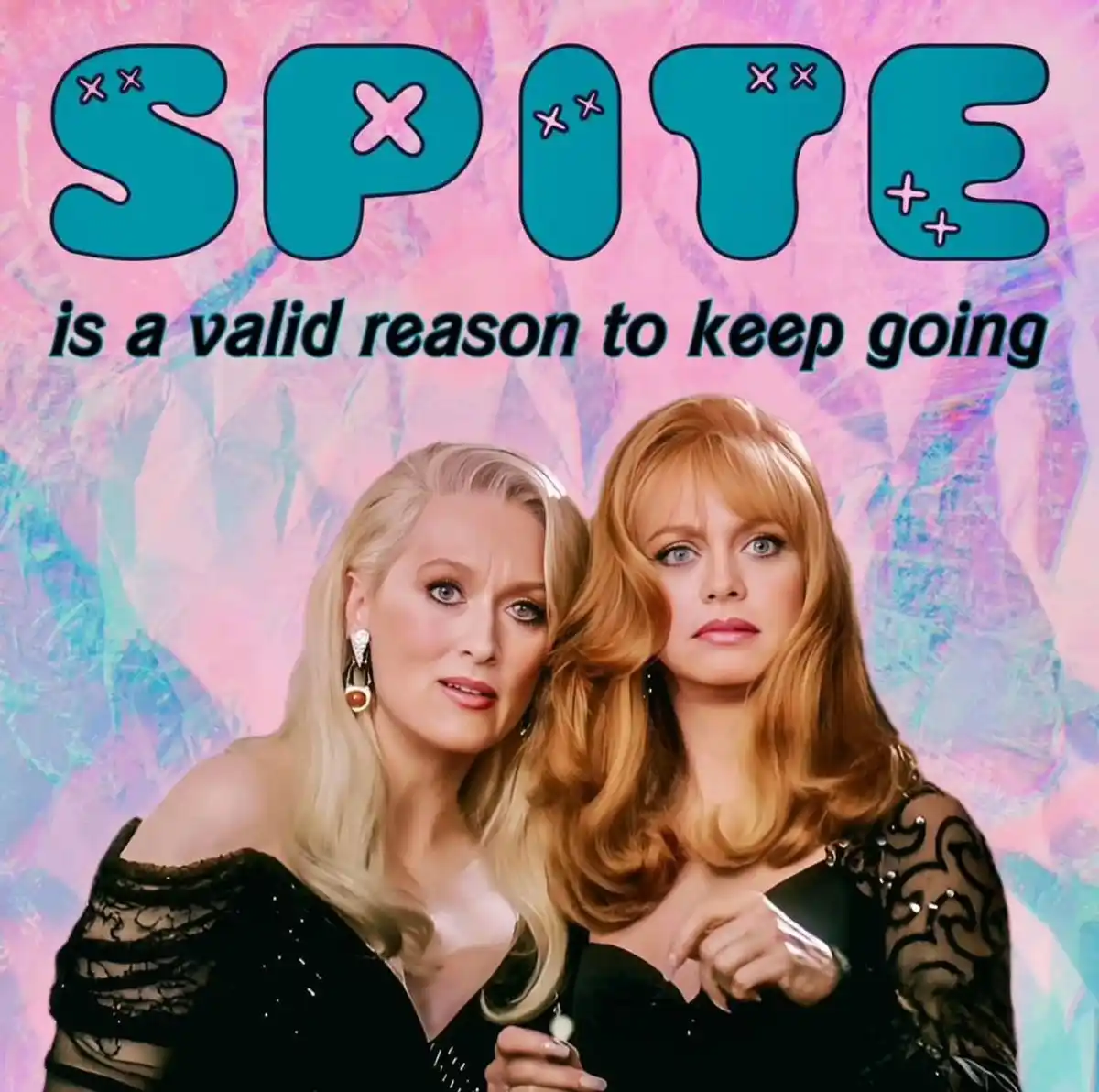 Two women, one with blonde hair and one with red hair, are shown in black lace outfits against a pink and blue abstract…