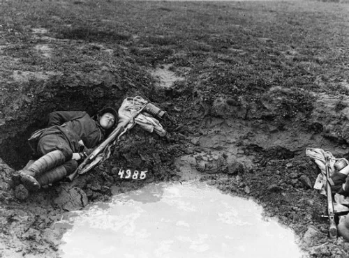 A German Soldier Steals a Moment of Rest in the Western Front's Flat Terrain, 1918