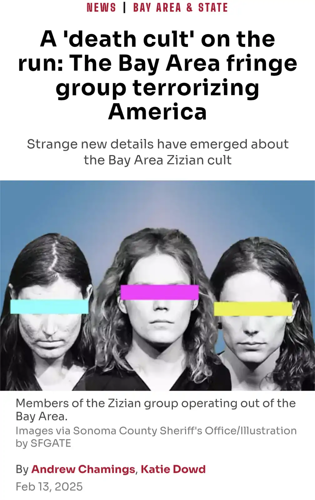 The image is a satirical news article layout featuring three women with their eyes obscured by colored bars. The headline…