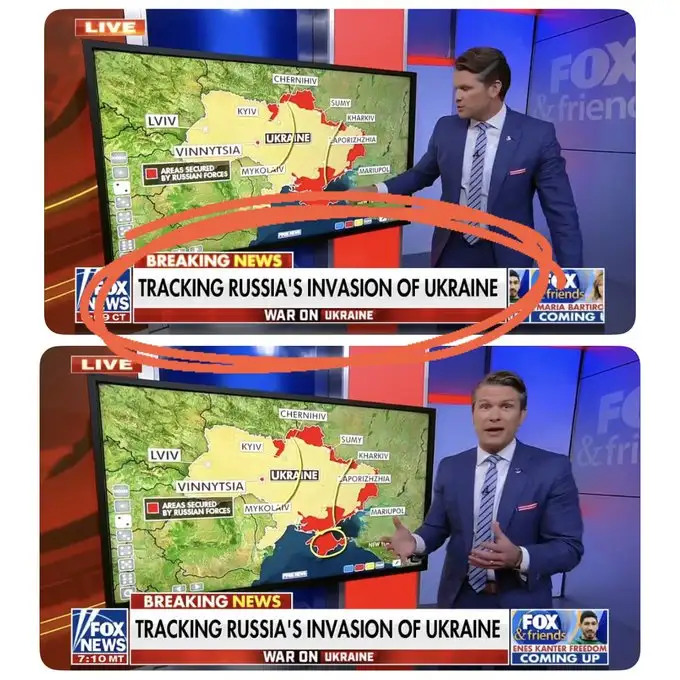 A split-screen image from a Fox & Friends news broadcast shows a male anchor pointing at a map of Ukraine with red areas…