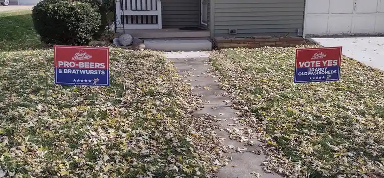 Two red and blue political-style yard signs stand in a grassy yard covered in fallen autumn leaves, flanking a concrete…