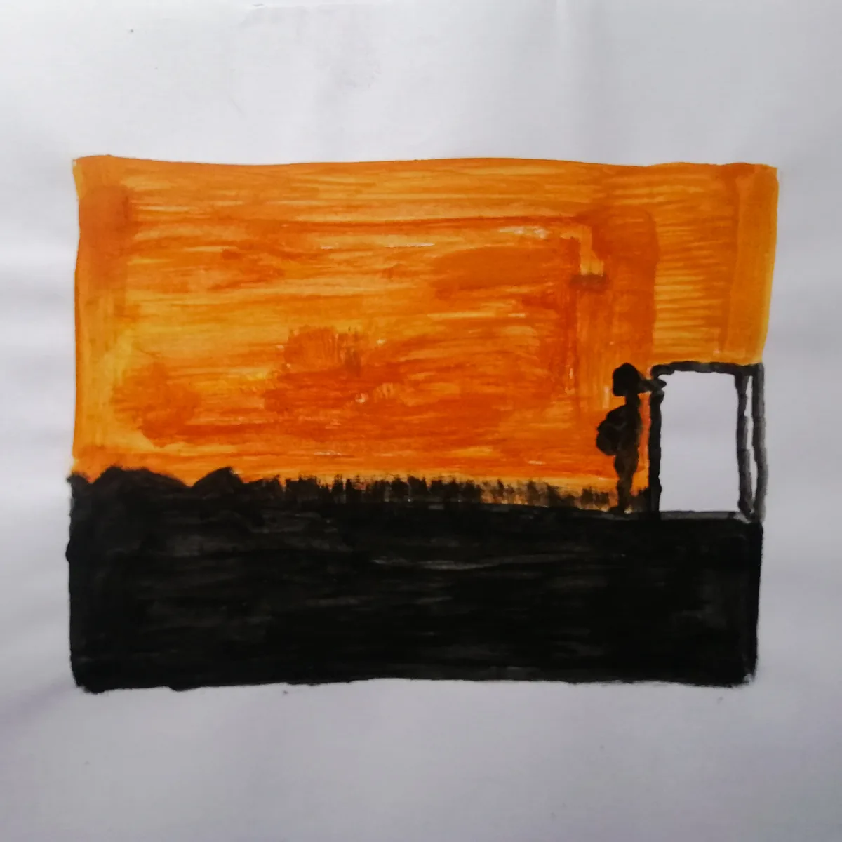 A hand-drawn, childlike painting depicts a silhouette of a person standing in a doorway, looking out at a vibrant orange…