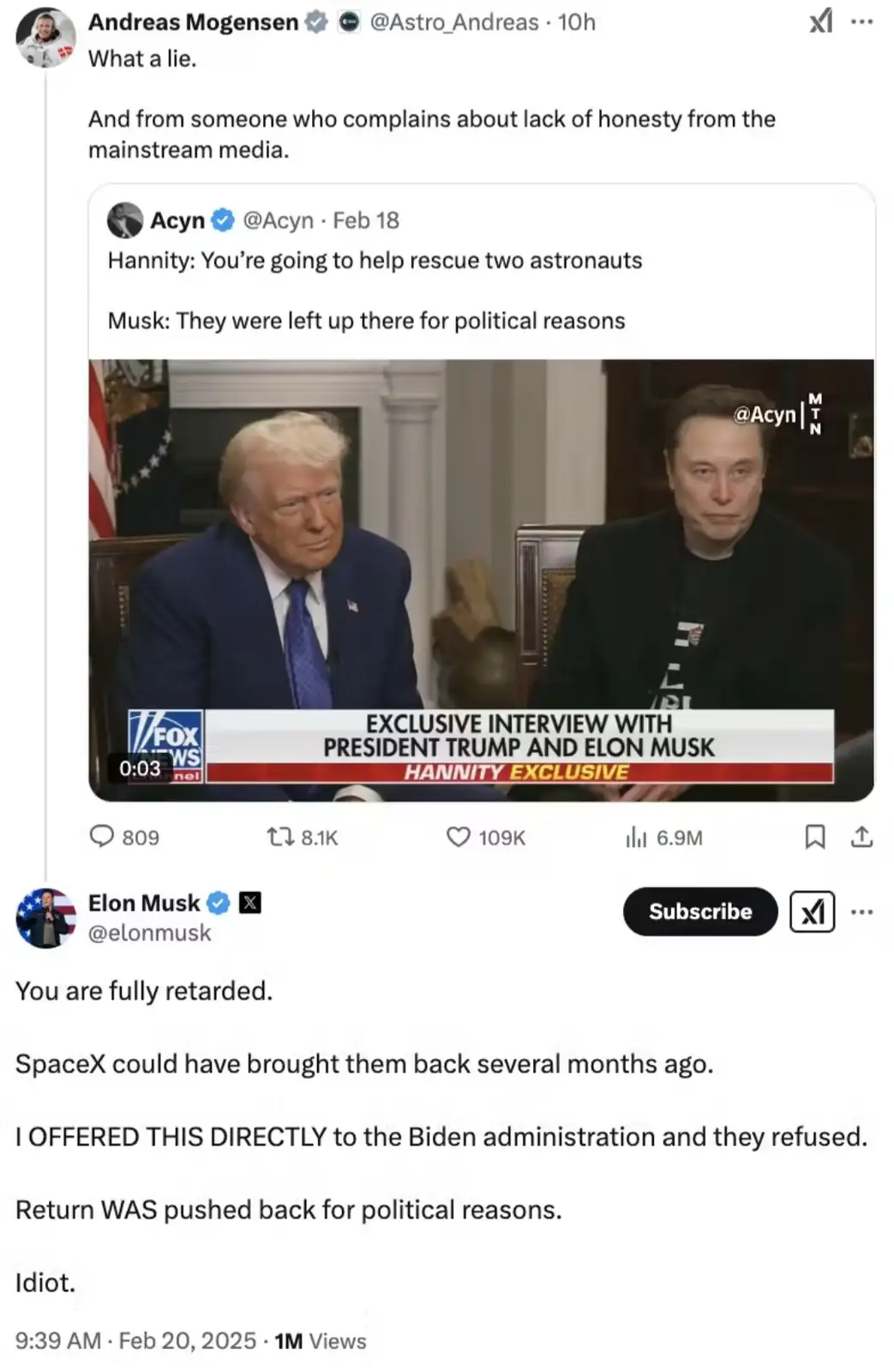 A screenshot of a Twitter thread shows a tweet from Andreas Mogensen criticizing Elon Musk for claiming astronauts were left…