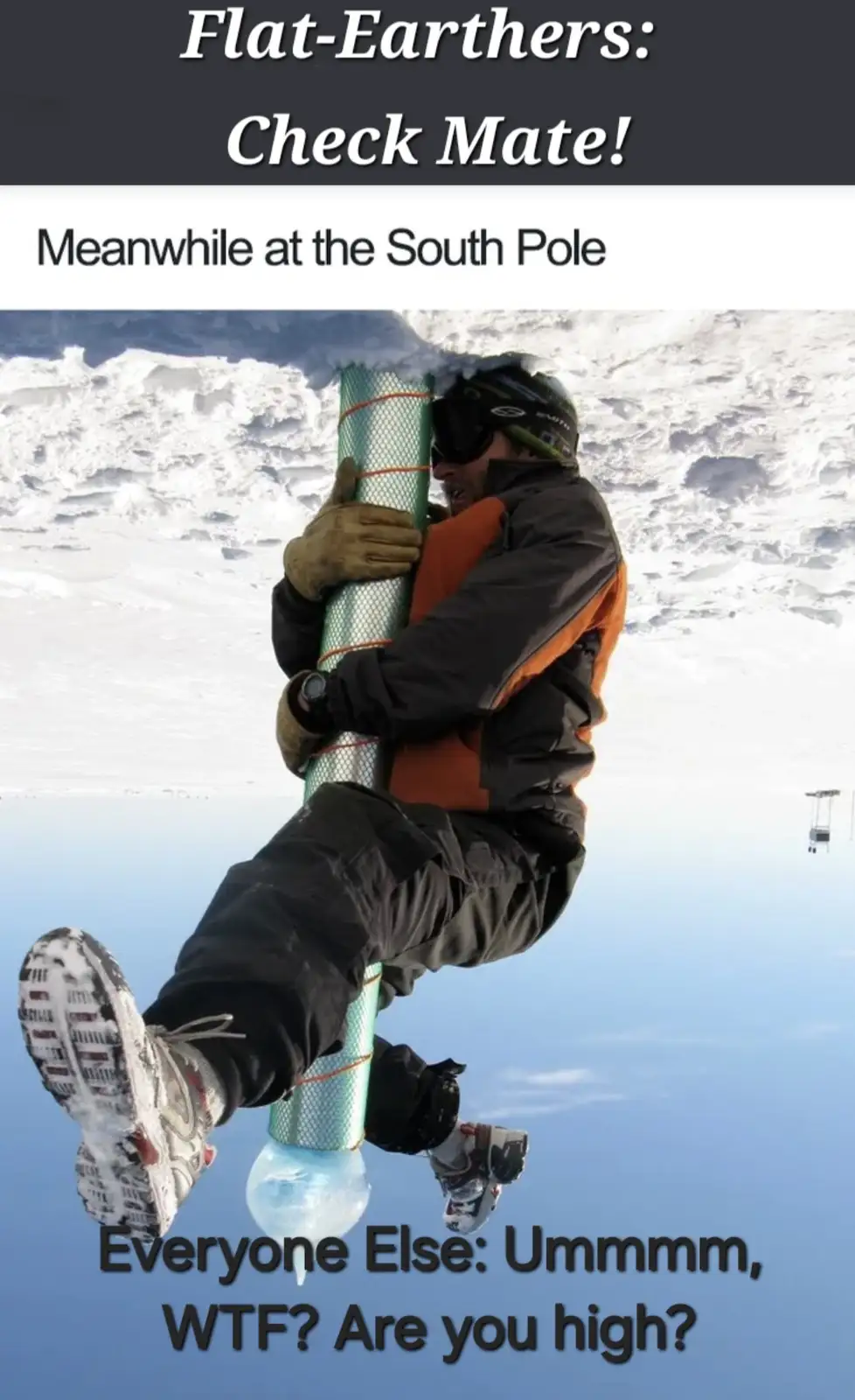 A person in winter gear is clinging to a vertical pole in a snowy landscape, with the sky visible below them as if they are…