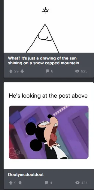The image shows two stacked Reddit-style posts. The top post displays a simple line drawing of a mountain with a sun symbol…