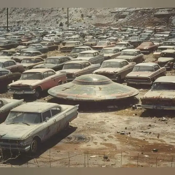 An aerial view of a vast junkyard filled with rows of rusty, abandoned vintage cars. In the center, a large, classic flying…