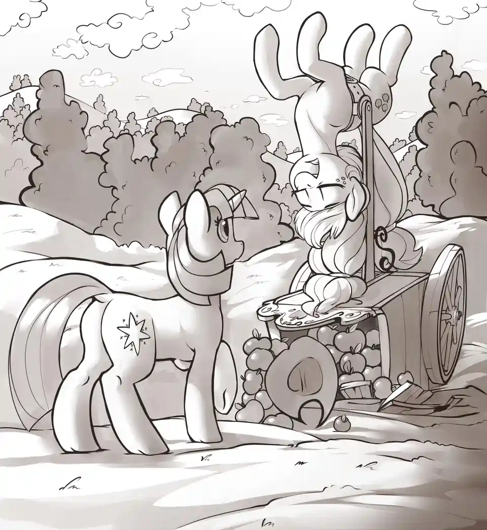 A black-and-white drawing shows Twilight Sparkle standing beside Applejack, who is upside down in a cider press with her…