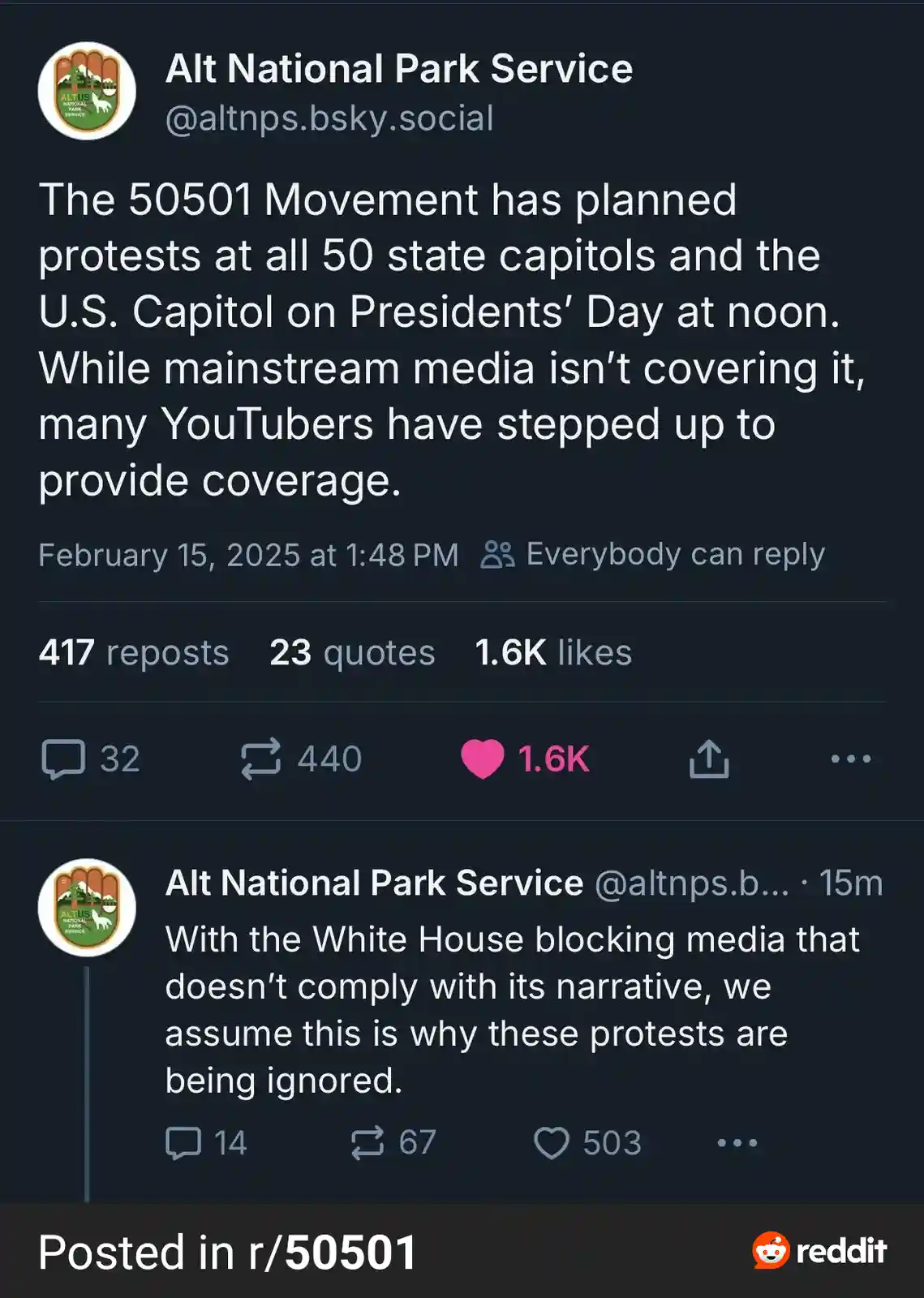 A screenshot of two tweets from the account 'Alt National Park Service' on a social media platform. The first tweet…