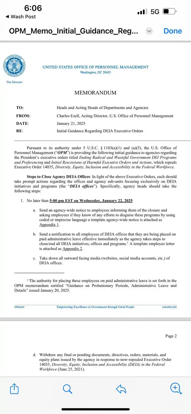 A screenshot of a U.S. Office of Personnel Management memorandum dated January 21, 2025, instructing agency heads to close…