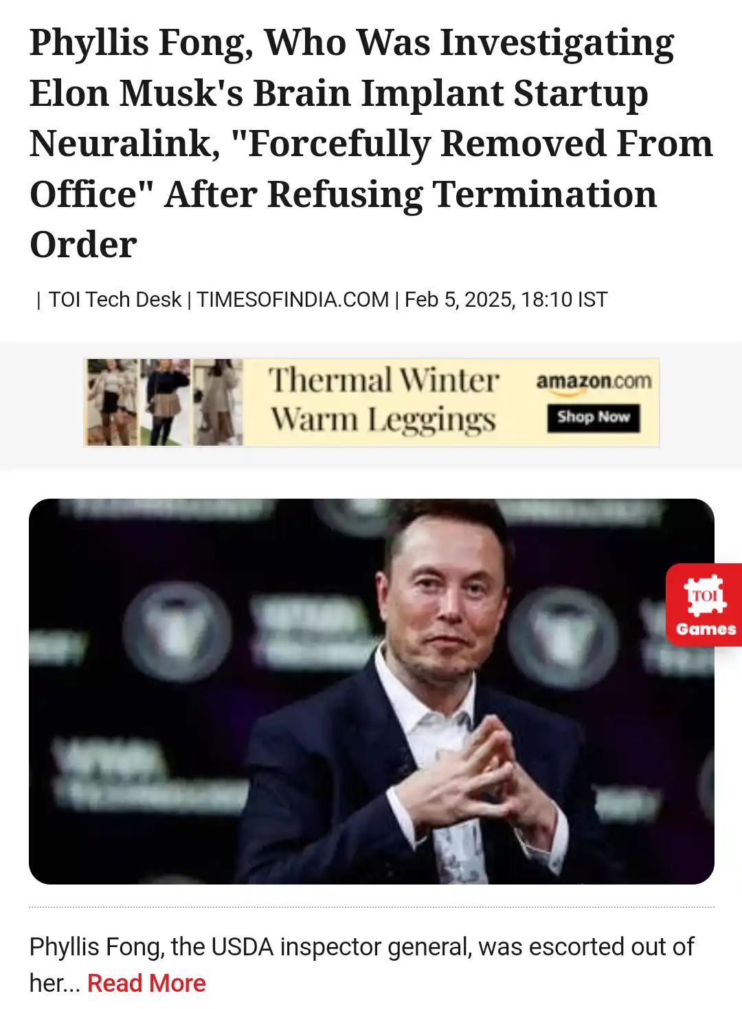 A screenshot of a Times of India news article from February 5, 2025, featuring a photo of Elon Musk with his hands clasped…