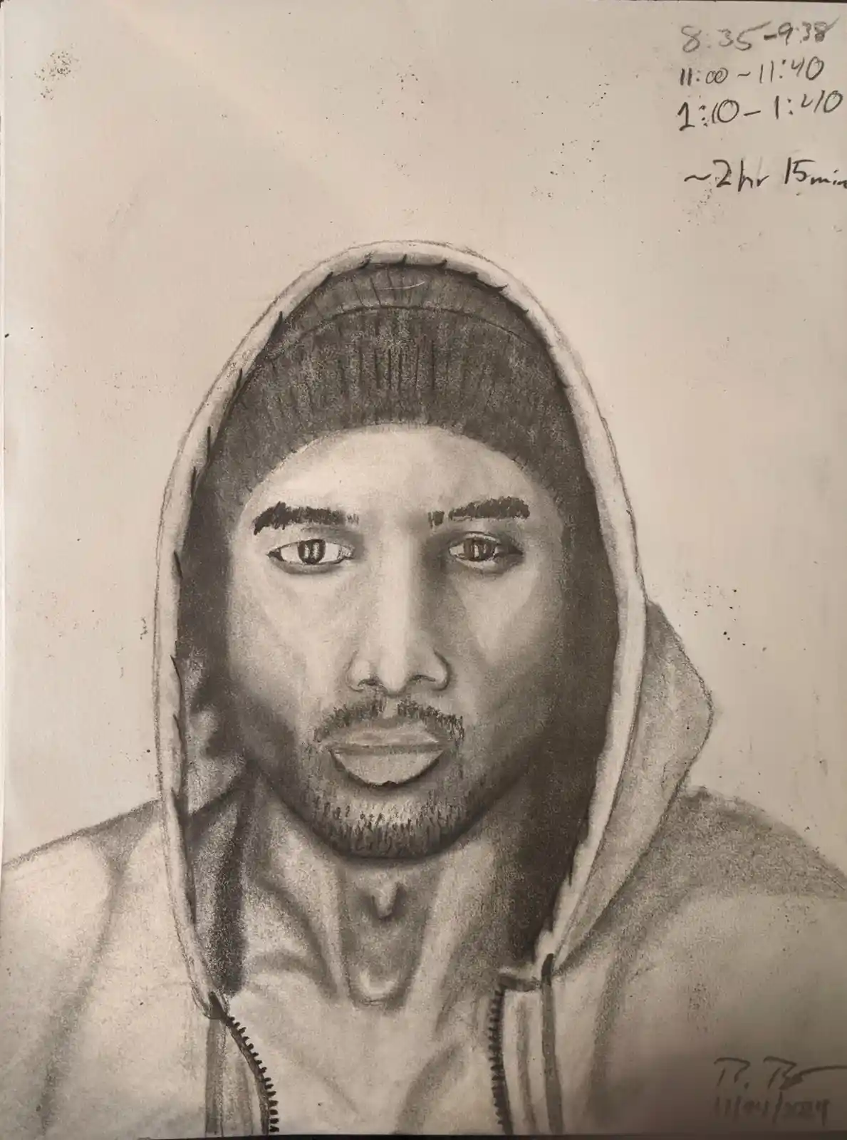 A detailed pencil sketch of a man wearing a hooded sweatshirt, looking directly at the viewer. In the top right corner…