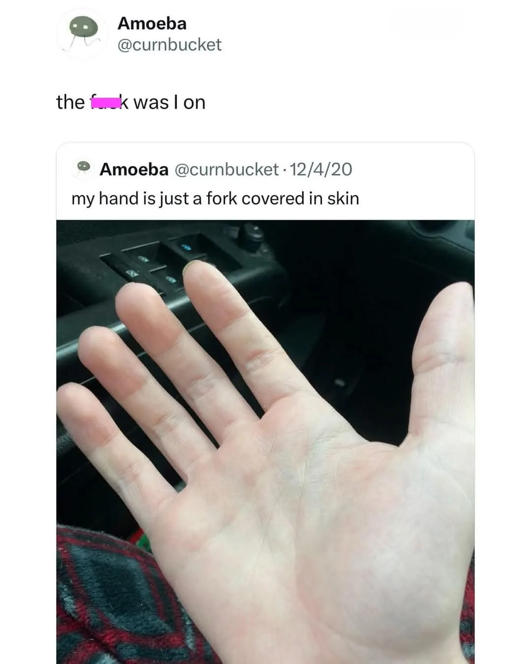 A screenshot of a tweet by 'Amoeba' (@curnbucket) from December 4, 2020, showing a close-up of a person's open palm with…