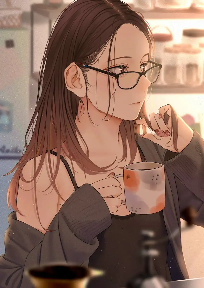 An anime-style illustration of a young woman with long brown hair and glasses, wearing a dark top and cardigan, holding a…