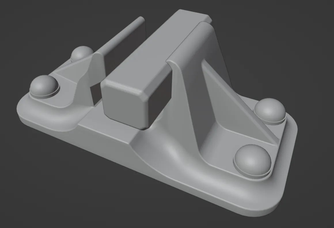 A 3d rendered gray metal hinge with four rounded bolts, presented against a plain dark gray background. The hinge has a…