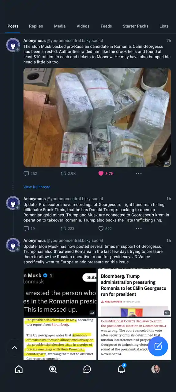 The image shows a pile of cash bundled in plastic wrap and rubber bands, sitting on a wooden floor. Overlaid text claims…