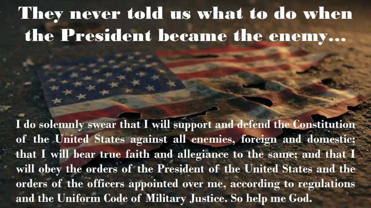 A tattered American flag lies on the ground, overlaid with white text. The top text reads 'They never told us what to do…