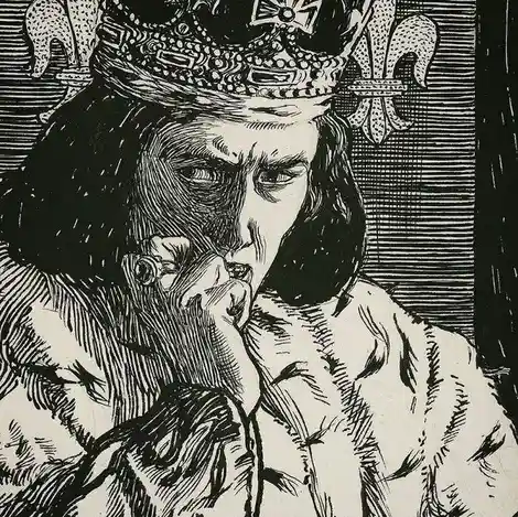 A black-and-white woodcut-style illustration depicts a crowned monarch with a stern, intense expression, clutching a small…