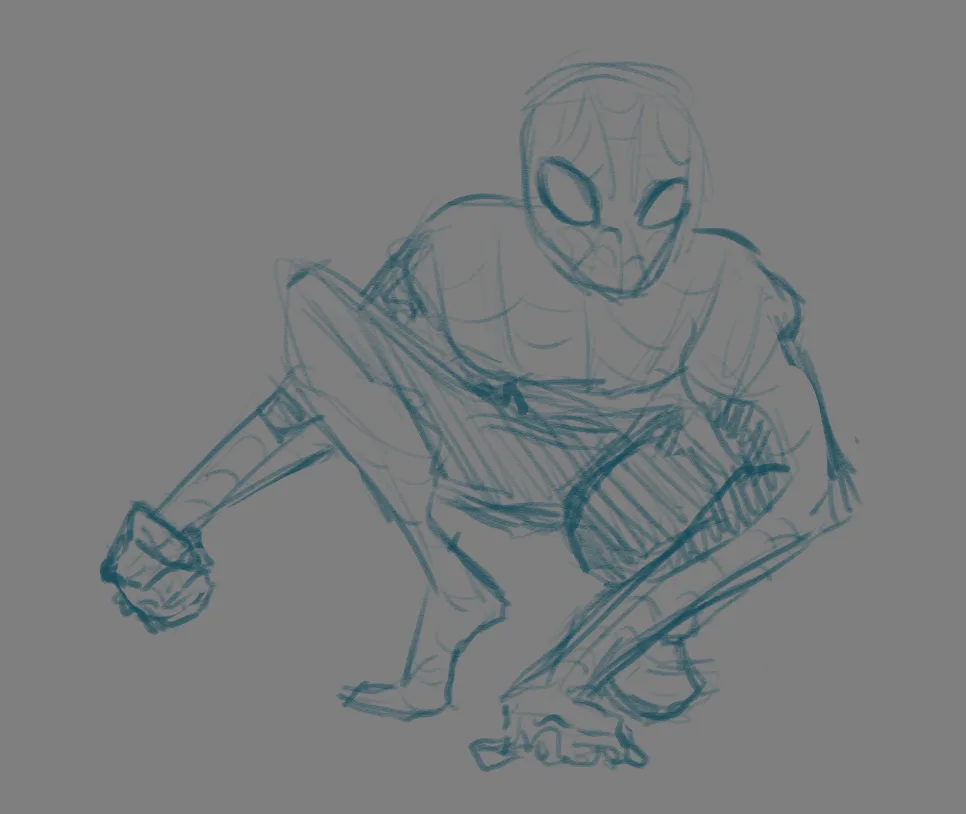 A rough blue sketch of Spider-Man in a crouched, resting pose against a plain gray background. The overlaid text reads 'i'm…