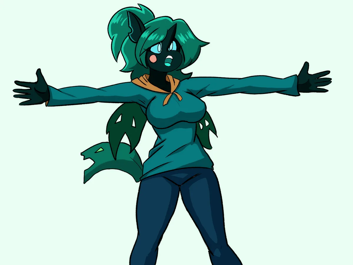 An anime-style character with teal hair, black skin, and leaf-like wings stands with arms outstretched against a plain…
