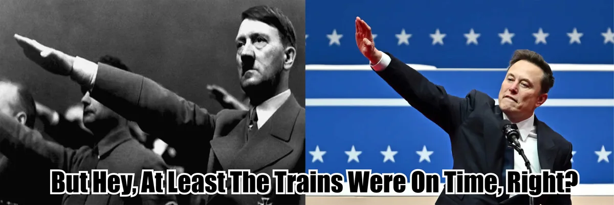 The image is split: left side shows a black-and-white photo of Adolf Hitler giving a Nazi salute, right side shows Elon Musk…