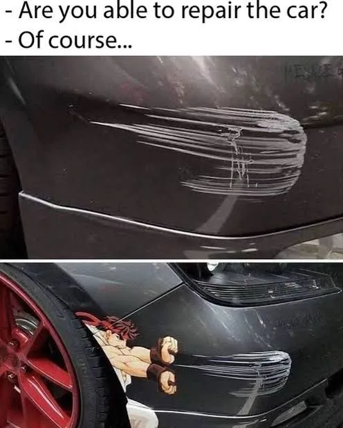The top panel shows a black car door with a long, shallow scratch. The bottom panel shows the same car door, now featuring a…