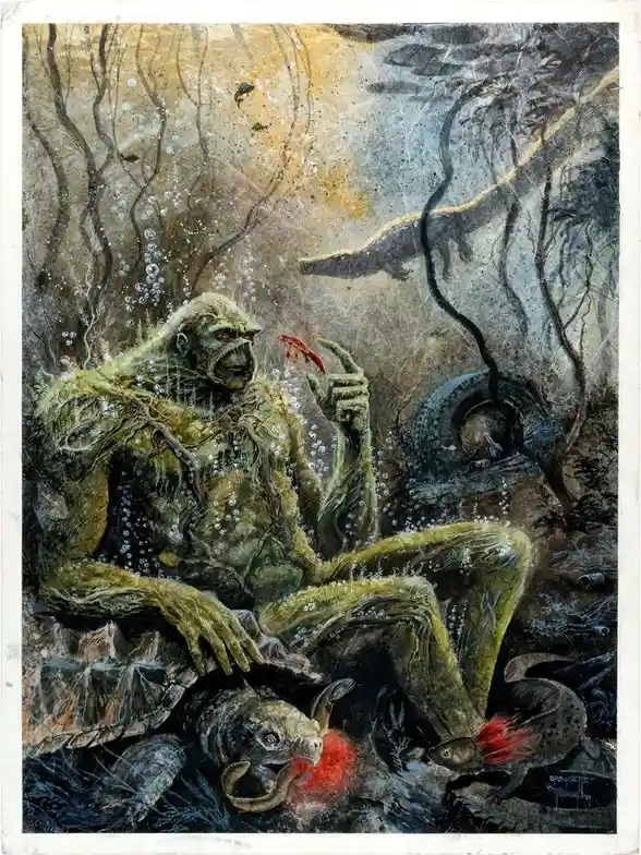 A green, moss-covered humanoid creature sits underwater, holding a red fish in one hand and a turtle with a red heart in the…