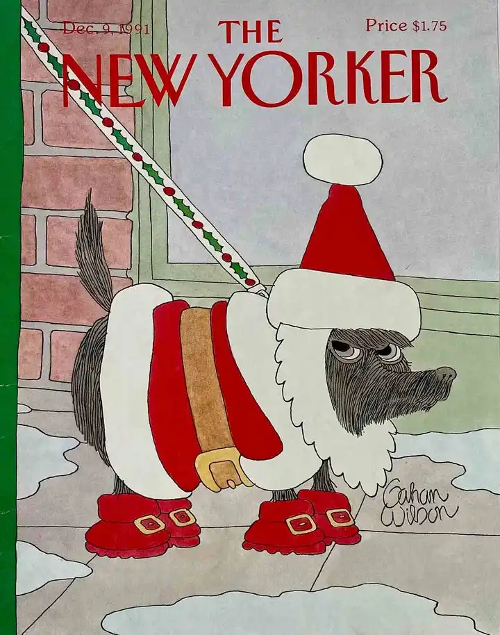 The cover of The New Yorker magazine from December 9, 1991, priced at $1.75, features a cartoon dog dressed as santa claus…