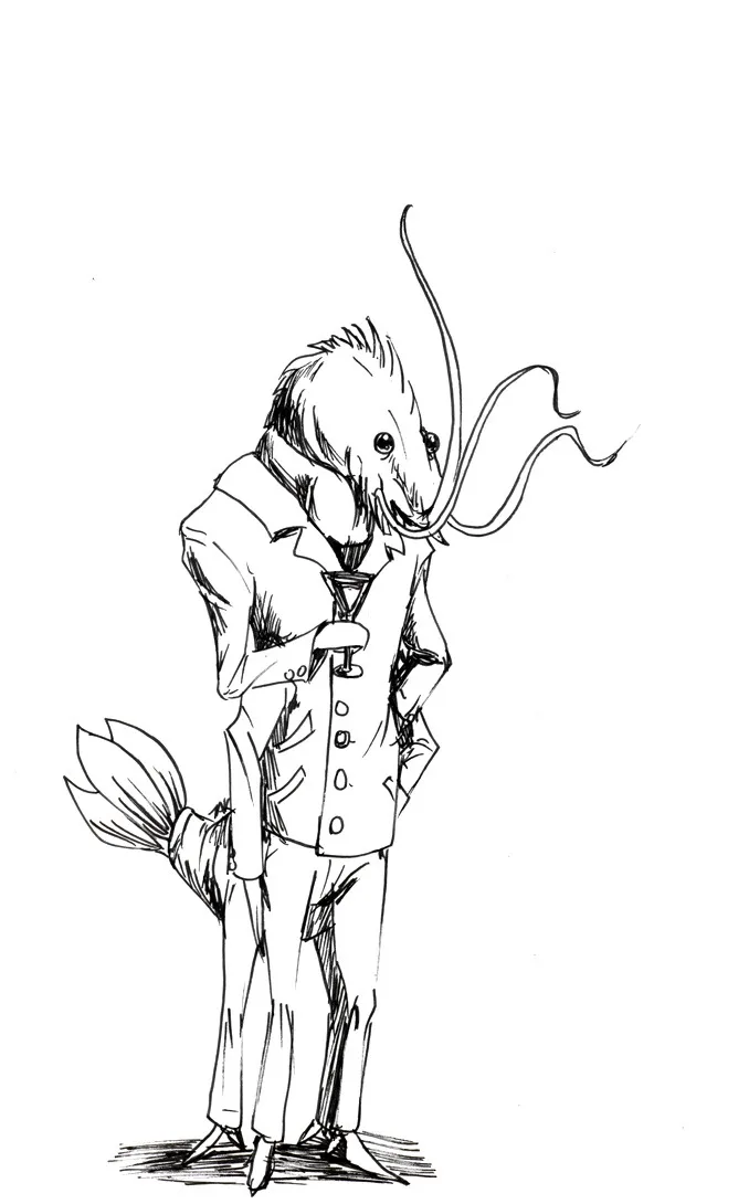 A black-and-white line drawing shows a humanoid creature with a rat-like head, long whiskers, and a tail ending in a…