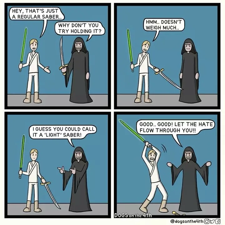A four-panel comic depicts a humorous interaction between two characters resembling Luke Skywalker and Darth Vader. In the…