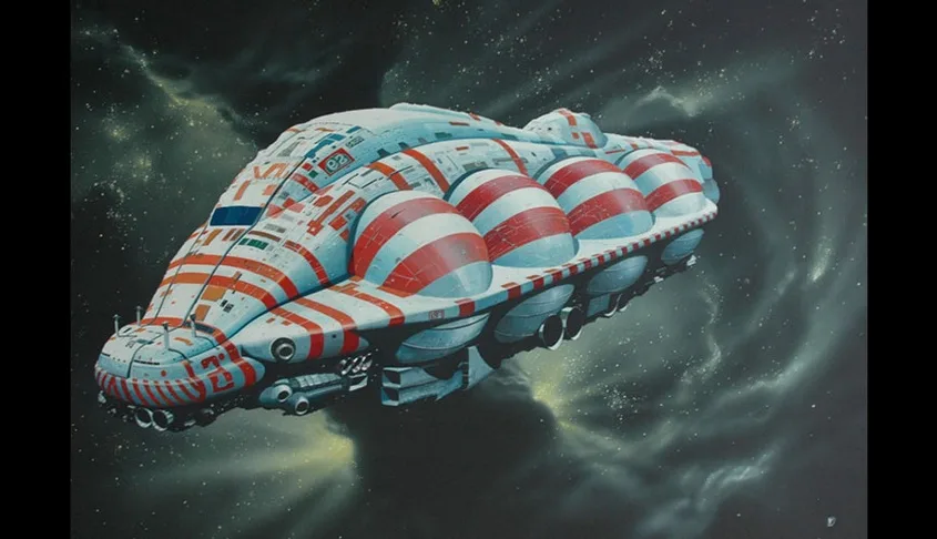 A large, futuristic spaceship with red and white horizontal stripes painted across its hull and rounded sections, floating…