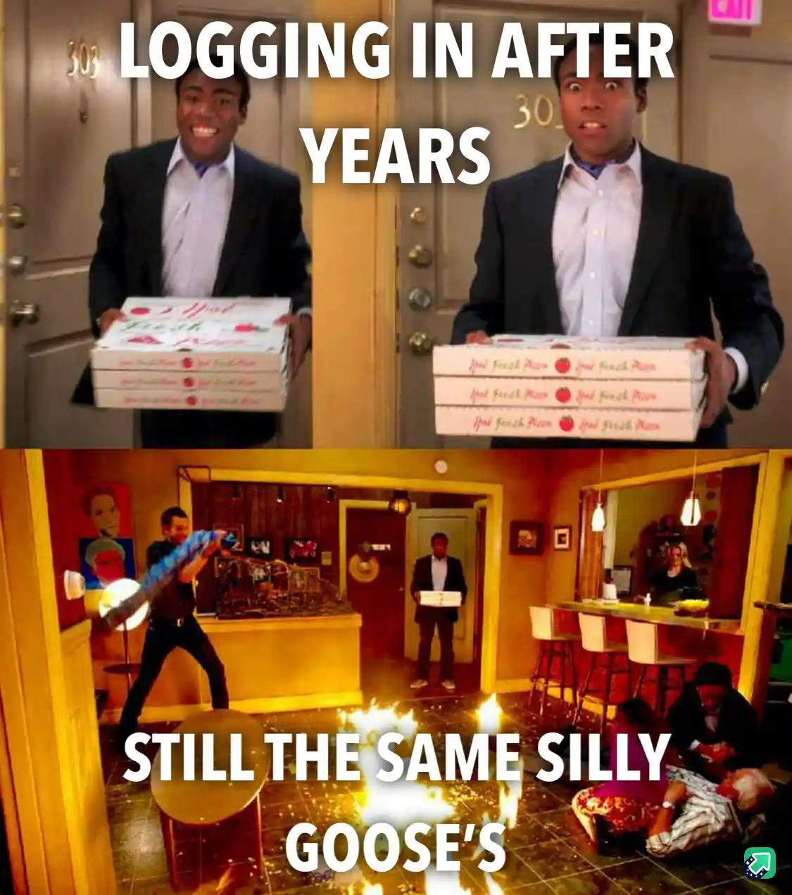 The top panel shows a man in a suit holding pizza boxes with a surprised expression, overlaid with the text 'LOGGING IN…