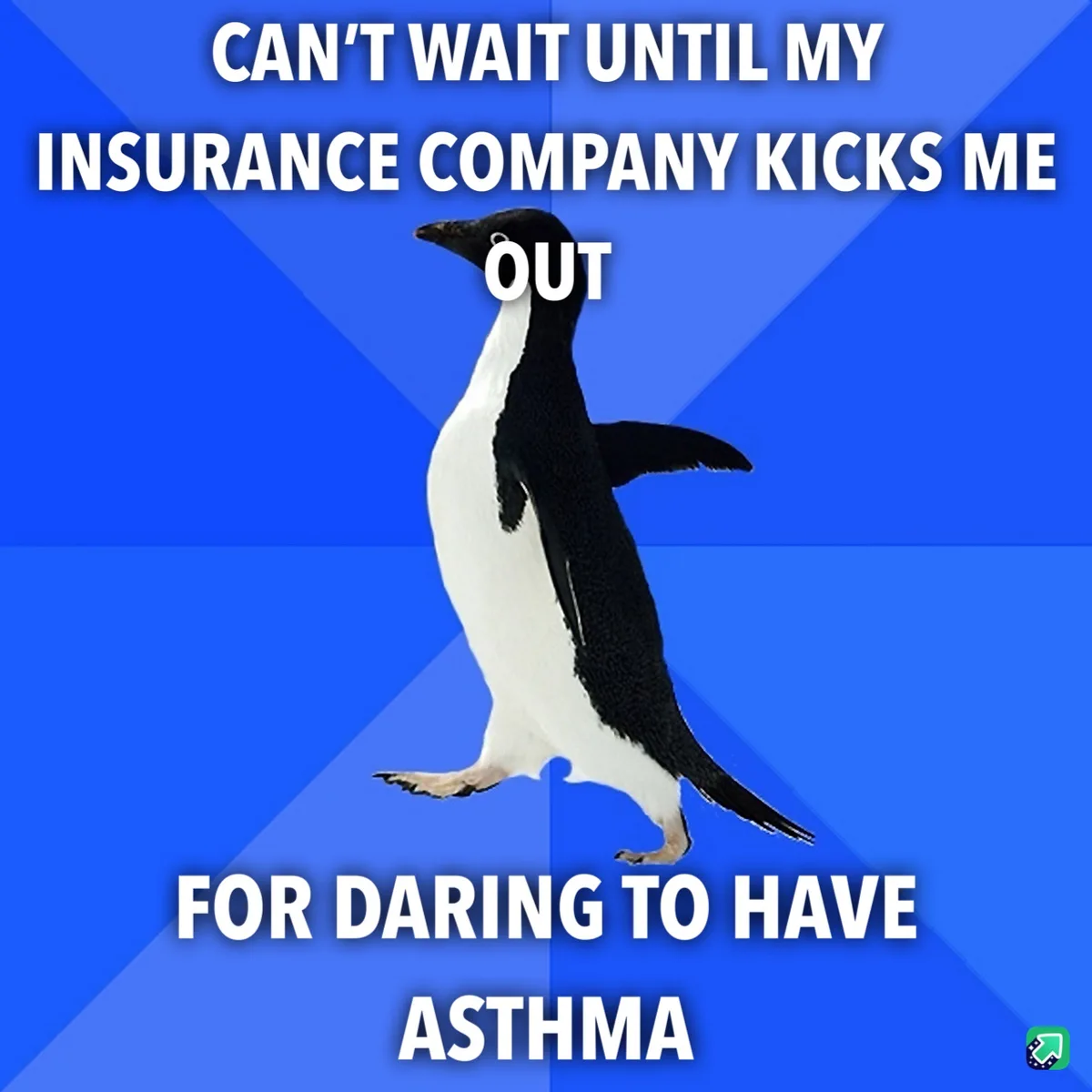 A black-and-white penguin walks confidently against a blue geometric background. The overlaid text reads: 'CAN'T WAIT UNTIL…