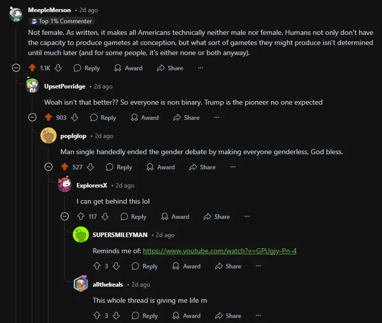 A screenshot of a Reddit thread where a user named MeepleMerson posts a comment about human biology and gender, stating that…