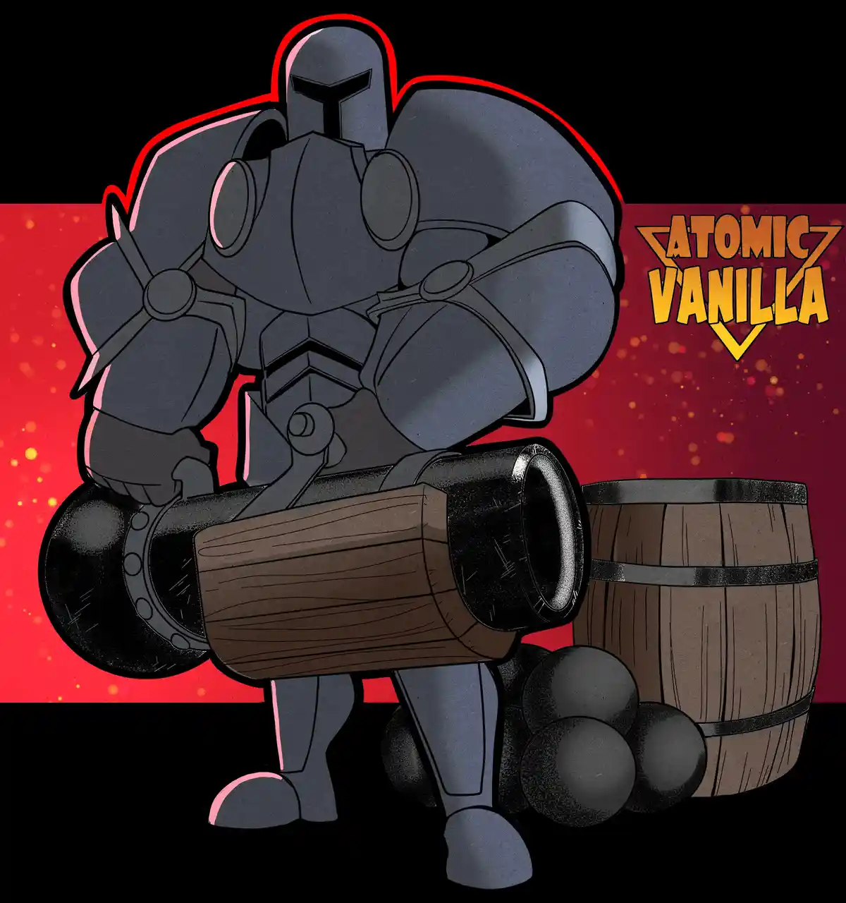 A cartoonish, heavily armored knight in gray armor with a red outline stands holding a large cannon with a wooden barrel…