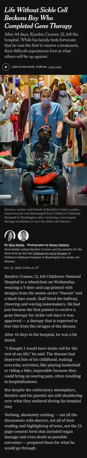 A 12-year-old boy, Kendric Cromer, sits in a wheelchair surrounded by cheering medical staff and family, wearing a…