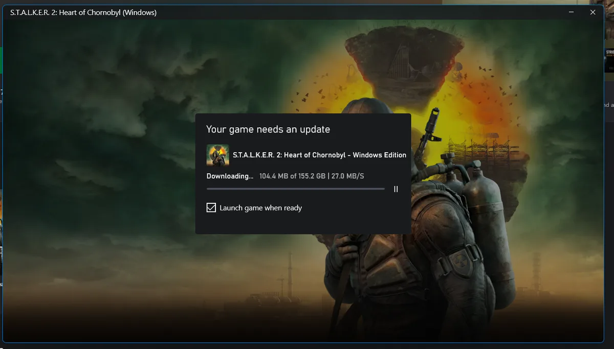 A screenshot of the Steam client showing a large update download for S.T.A.L.K.E.R. 2: Heart of Chornobyl, which is…