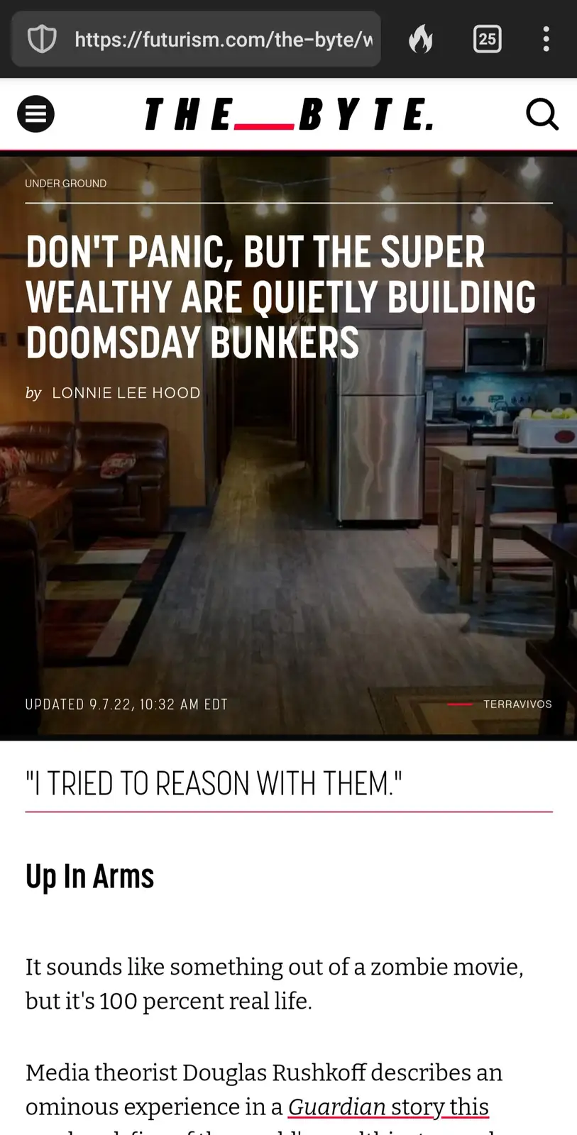 An article screenshot from futurism.com titled 'DON'T PANIC, BUT THE SUPER WEALTHY ARE QUIETLY BUILDING DOOMSDAY BUNKERS' by…
