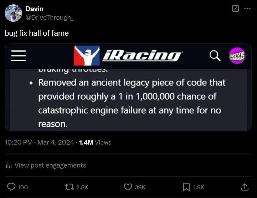 A screenshot of a social media post by user Davin, showing a 'bug fix hall of fame' entry from iRacing. The post highlights…
