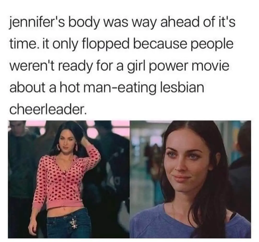 The image displays two side-by-side stills of actress Megan Fox from the movie 'Jennifer's Body'. The left panel shows her…