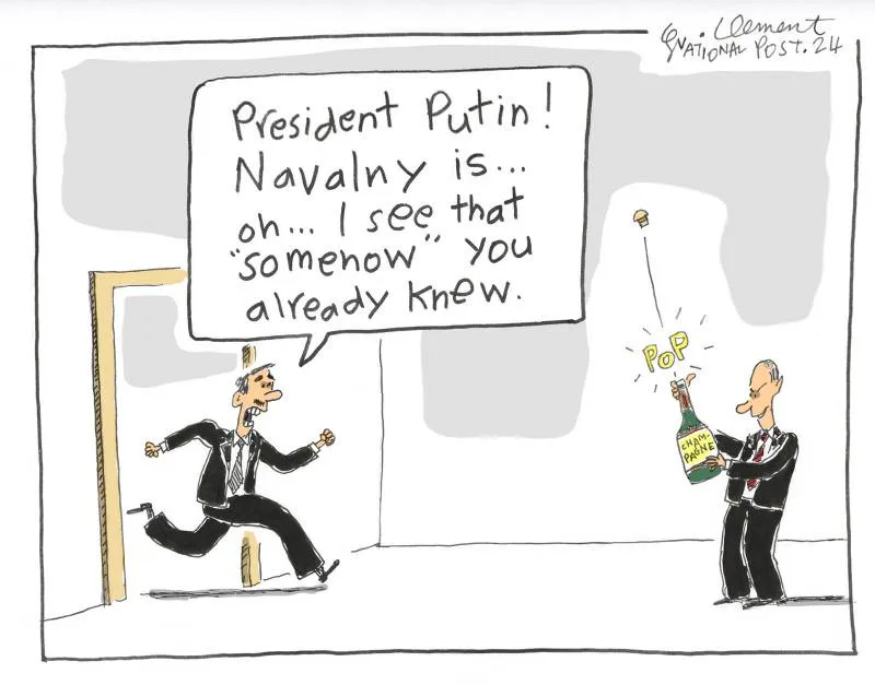 A cartoon shows a man in a suit running out of a doorway while another man in a suit holds a champagne bottle that pops…