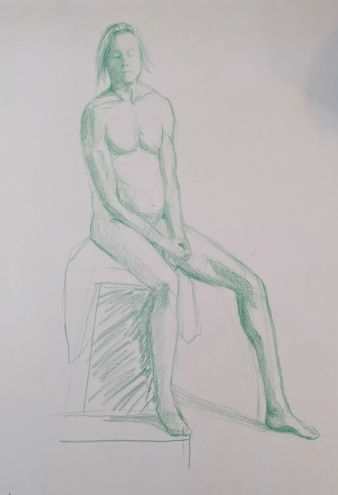 A green pencil sketch of a nude human figure sitting on a simple stool, eyes closed, with a draped cloth partially covering…