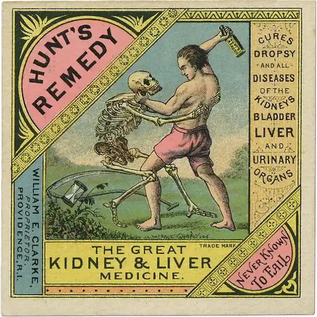 An antique advertisement for 'Hunt's Remedy' depicts a muscular man with a visible skeleton fighting off a skeletal figure…