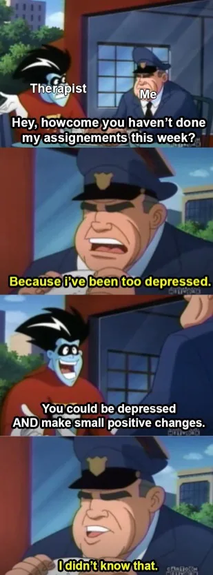 A four-panel meme using characters from the animated series 'Batman: The Animated Series'. The first panel shows a therapist…