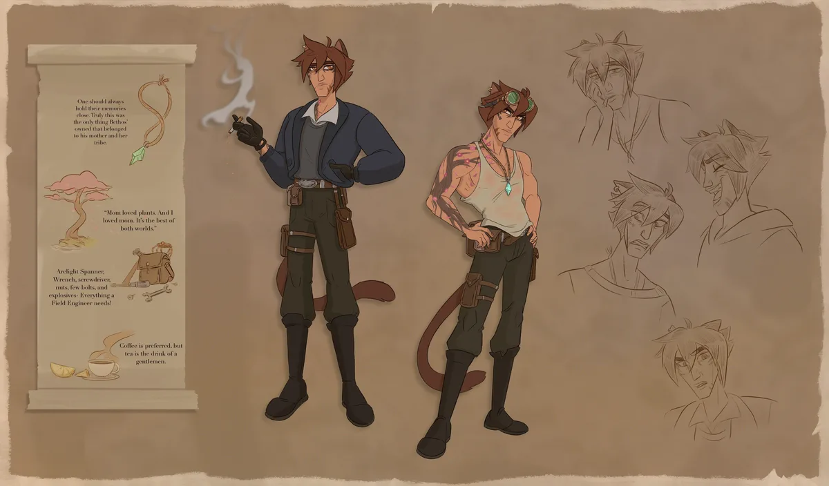 This is a character design sheet for a brown-haired, cat-eared male character named Bethos, showing two full-body outfits…
