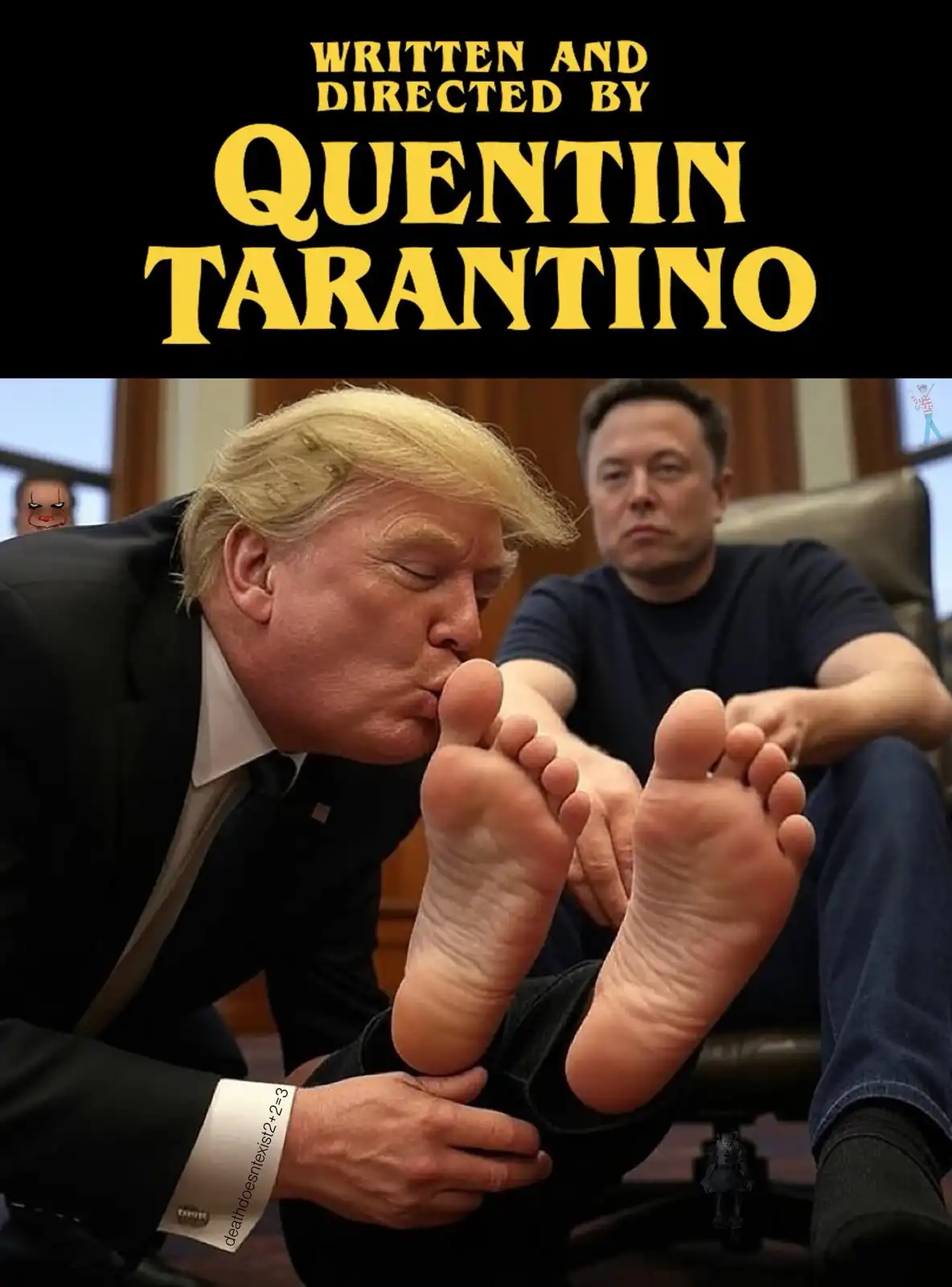 The image is a meme featuring Donald Trump kissing Elon Musk's feet while Elon sits in a chair looking unimpressed. The top…